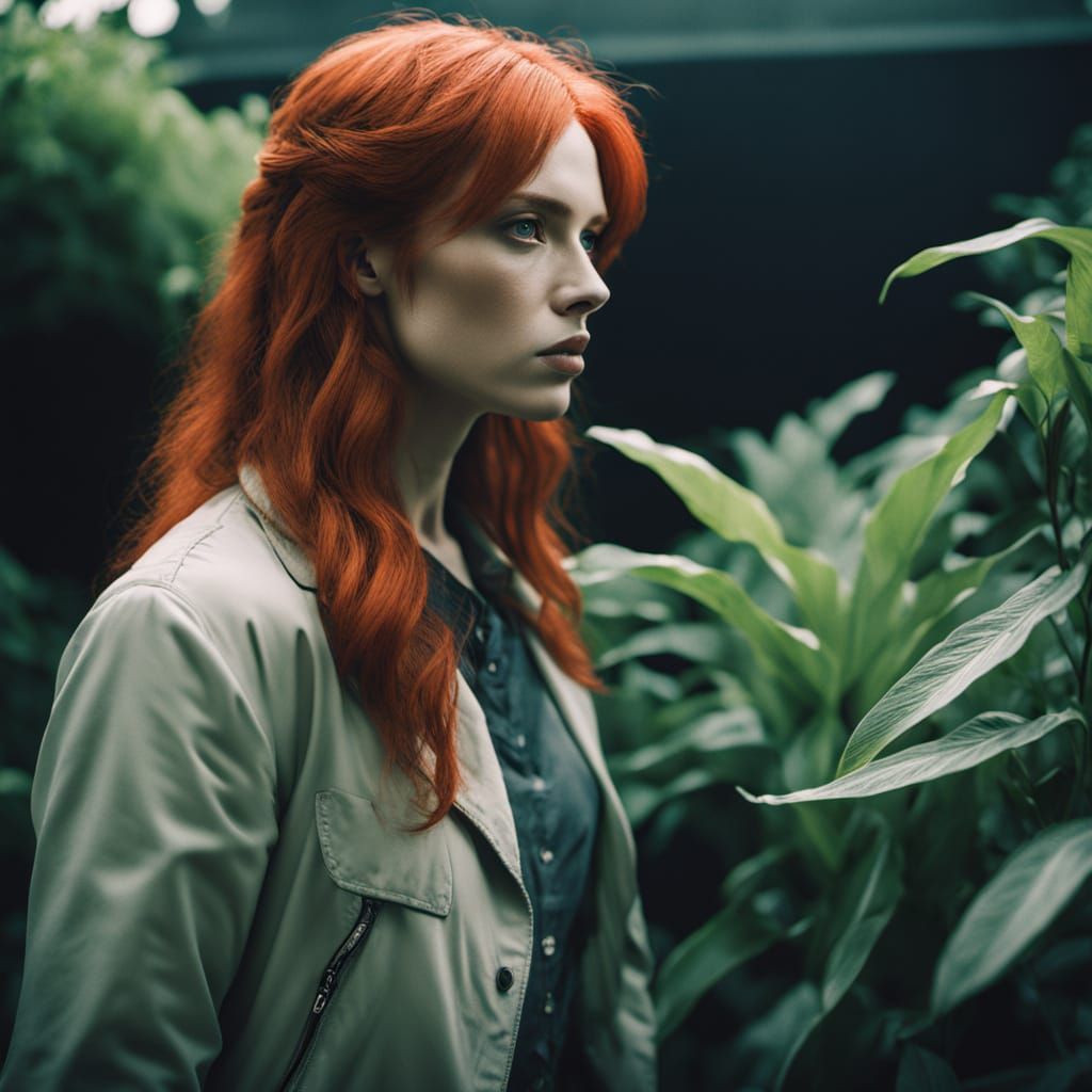 Redhead in Anthropomorphic Garden: Cinematic Film Still