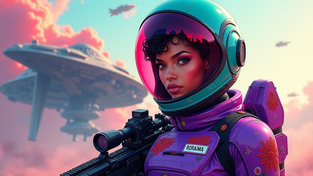 Venezuelan Woman in Violet Spacesuit with Laser Rifle
