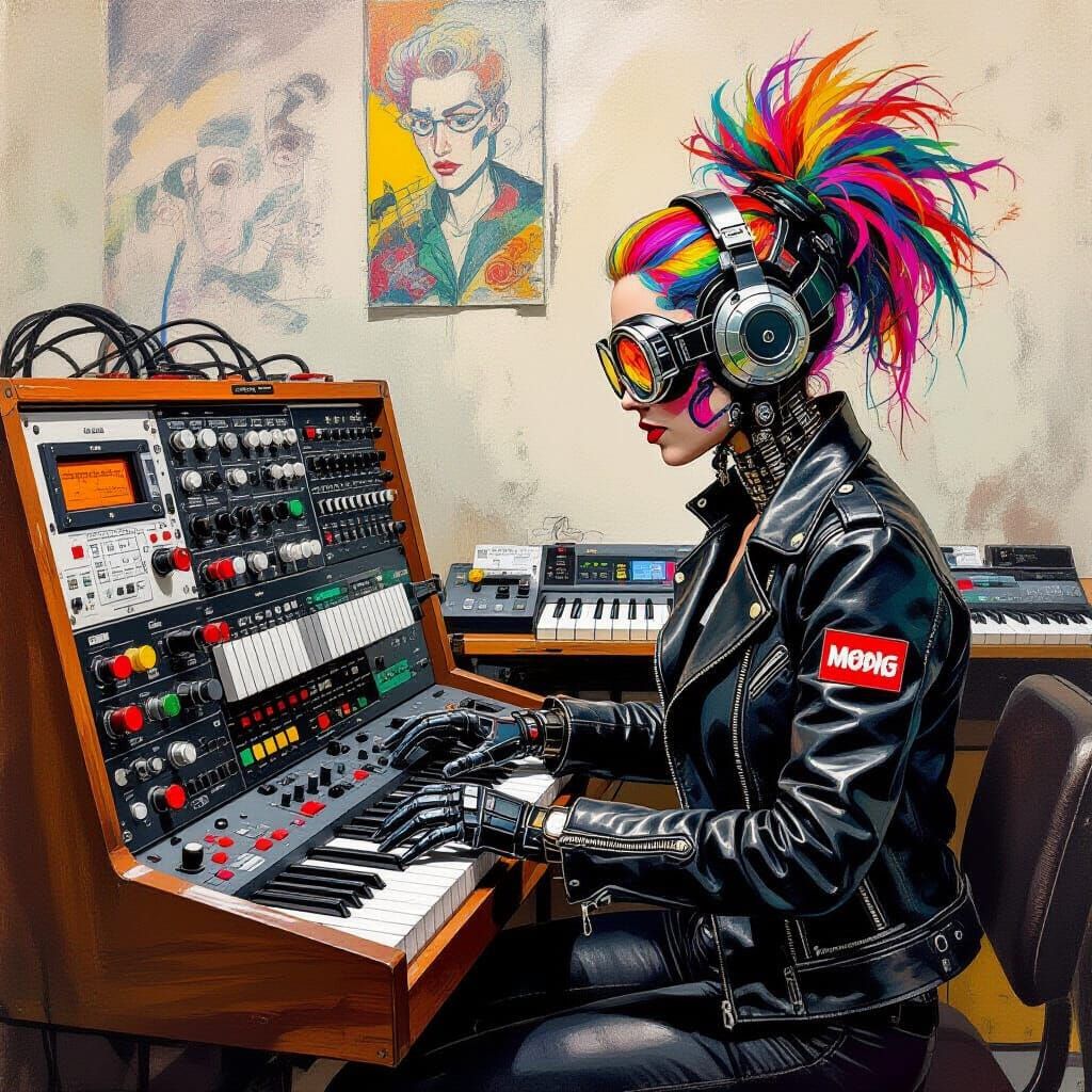 Diesel Punk Girl Plays Synthesizer in Abstract Expressionist...