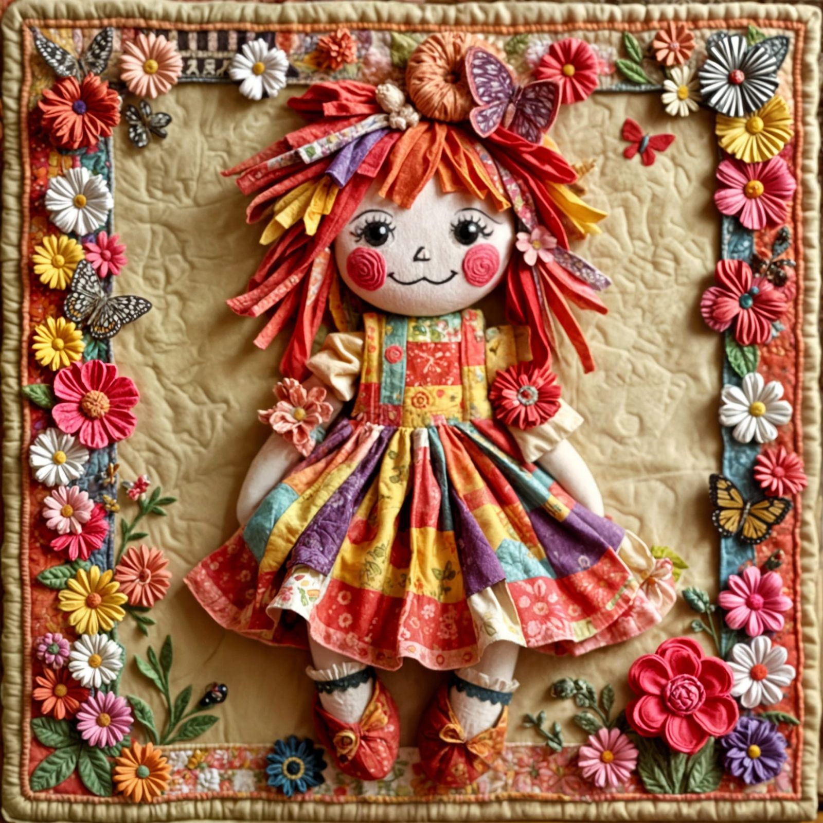 Vibrant Quilted Rag Doll with Whimsical Border