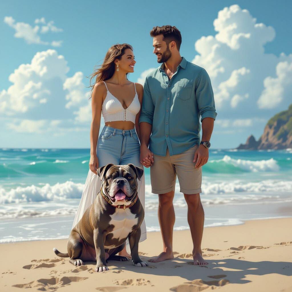 Couple and Bulldog on Fantasy Beach Matte Painting