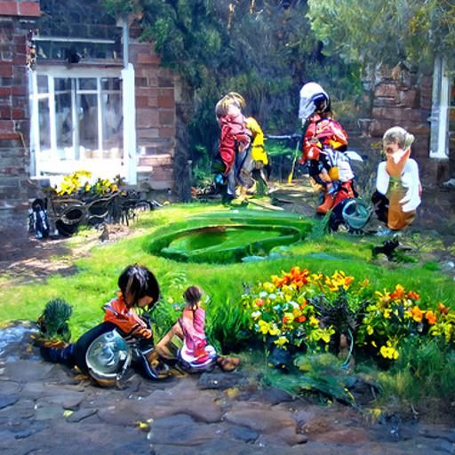 Children's Joy in a Lush Garden, Oil Painting