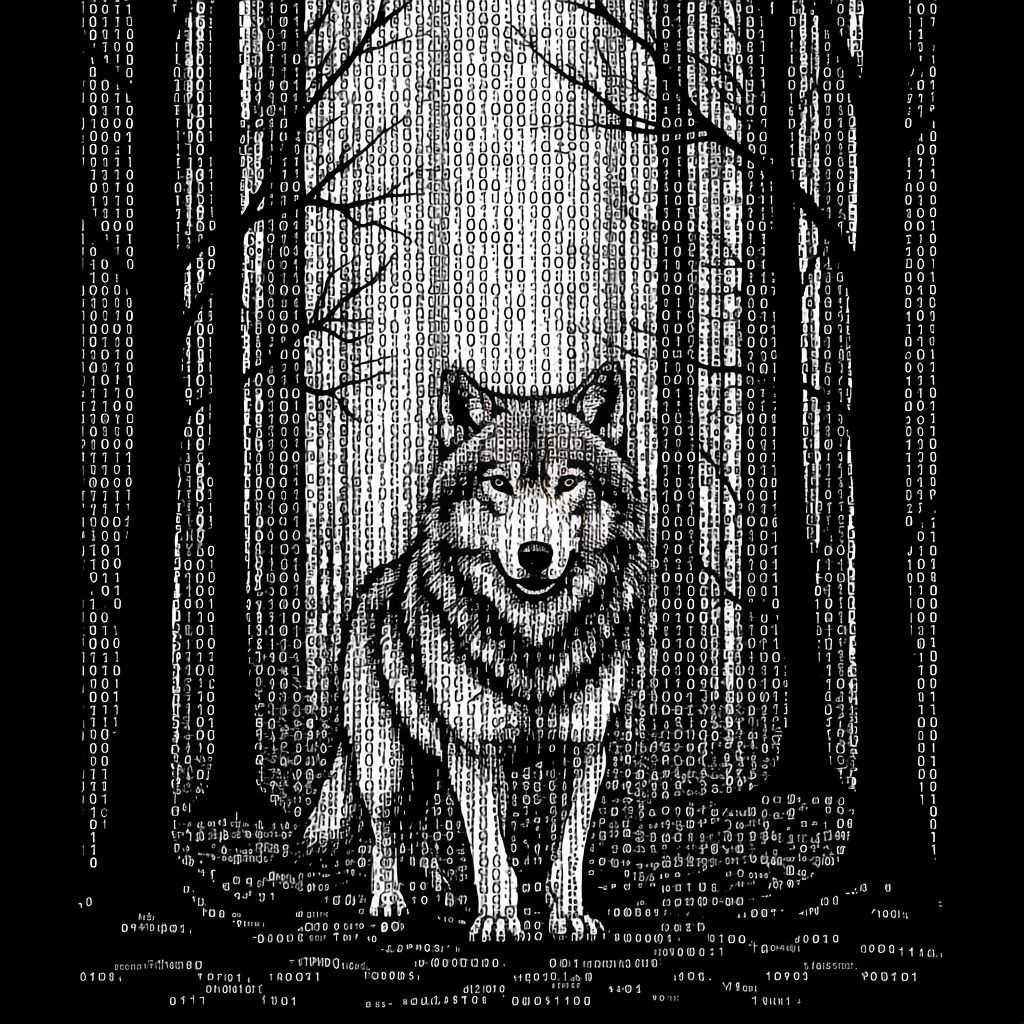 Gray Wolf Image Formed by Binary Code in Forest