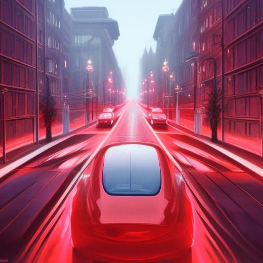 Red Car on Street with Bridge, Hyperdetailed Concept Art