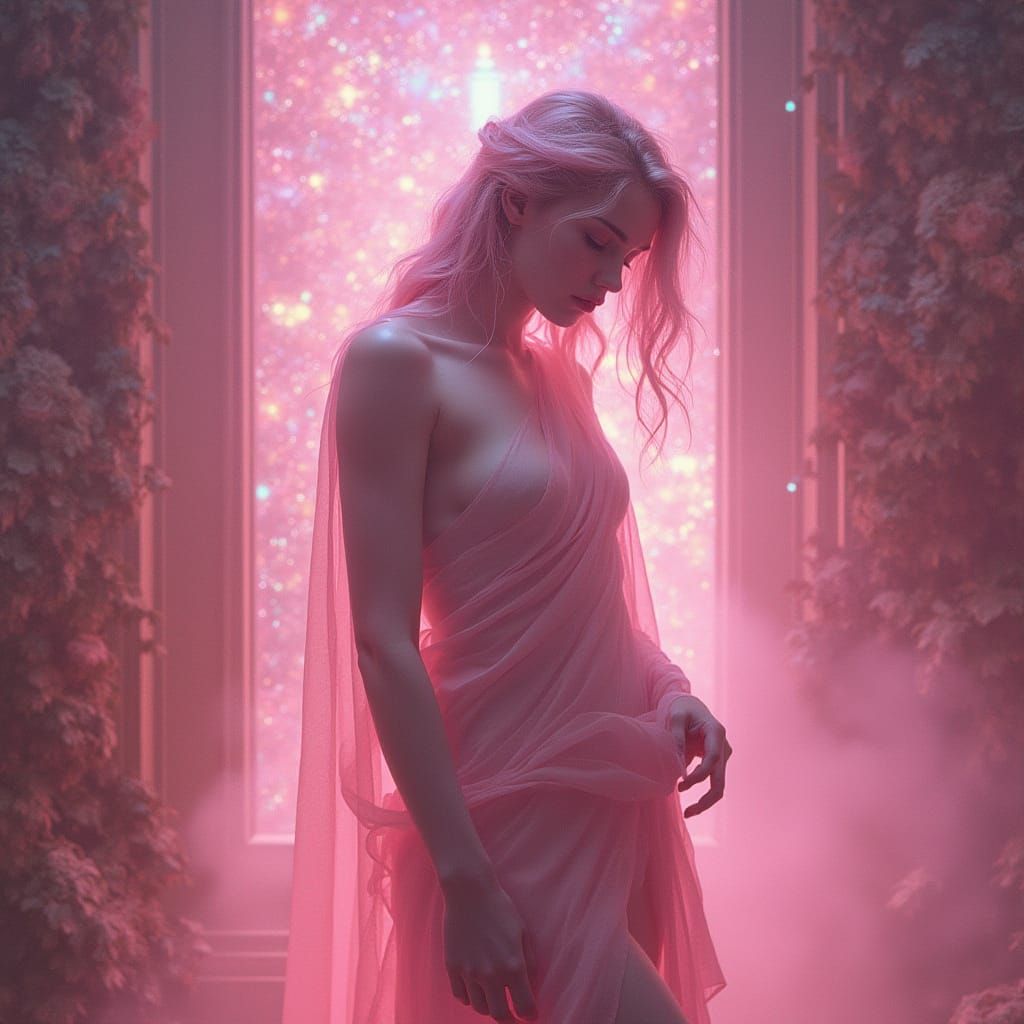 Contemplative Pink Goddess in Astral Illustration Style