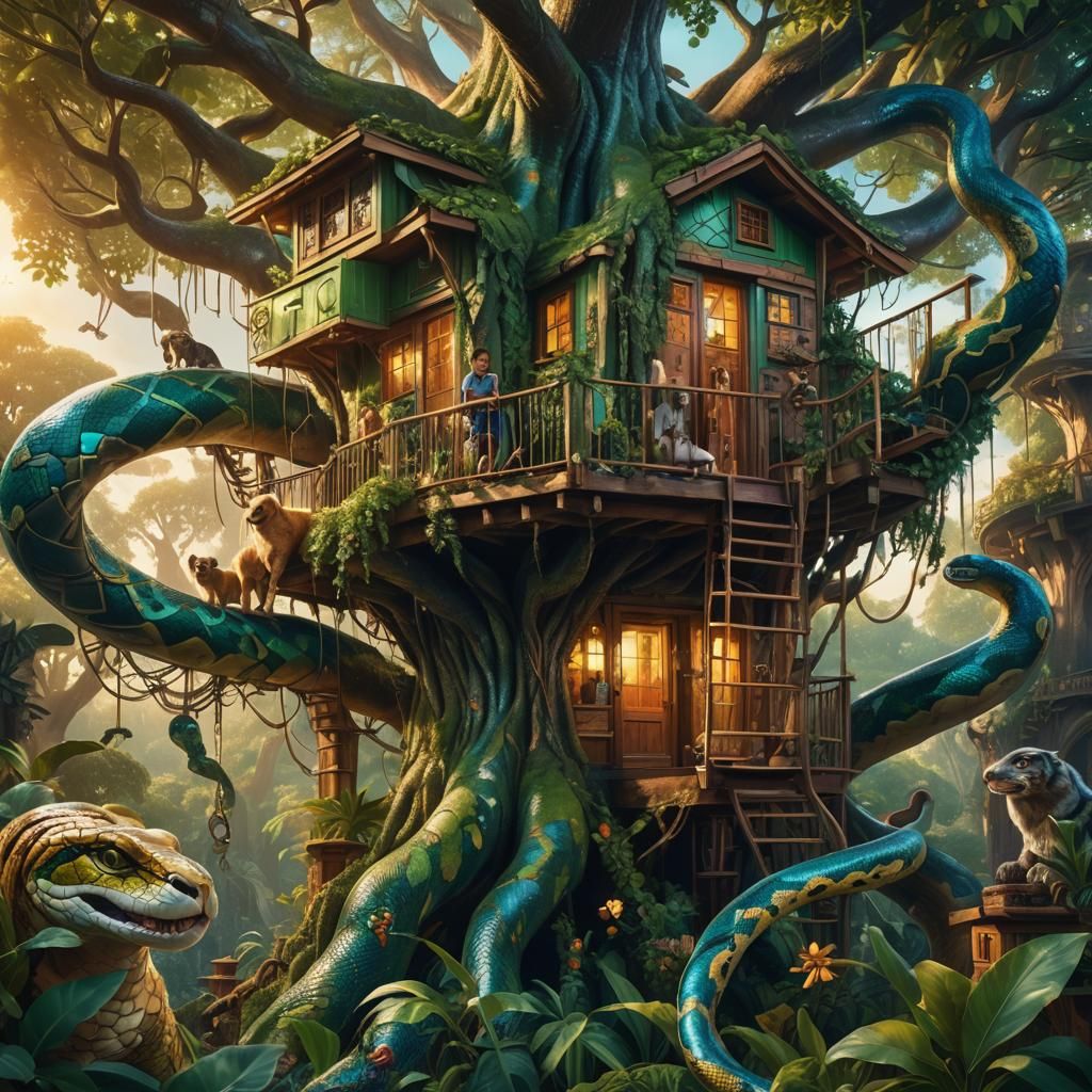 Fantasy Treehouse with Friends, Dogs and Snake
