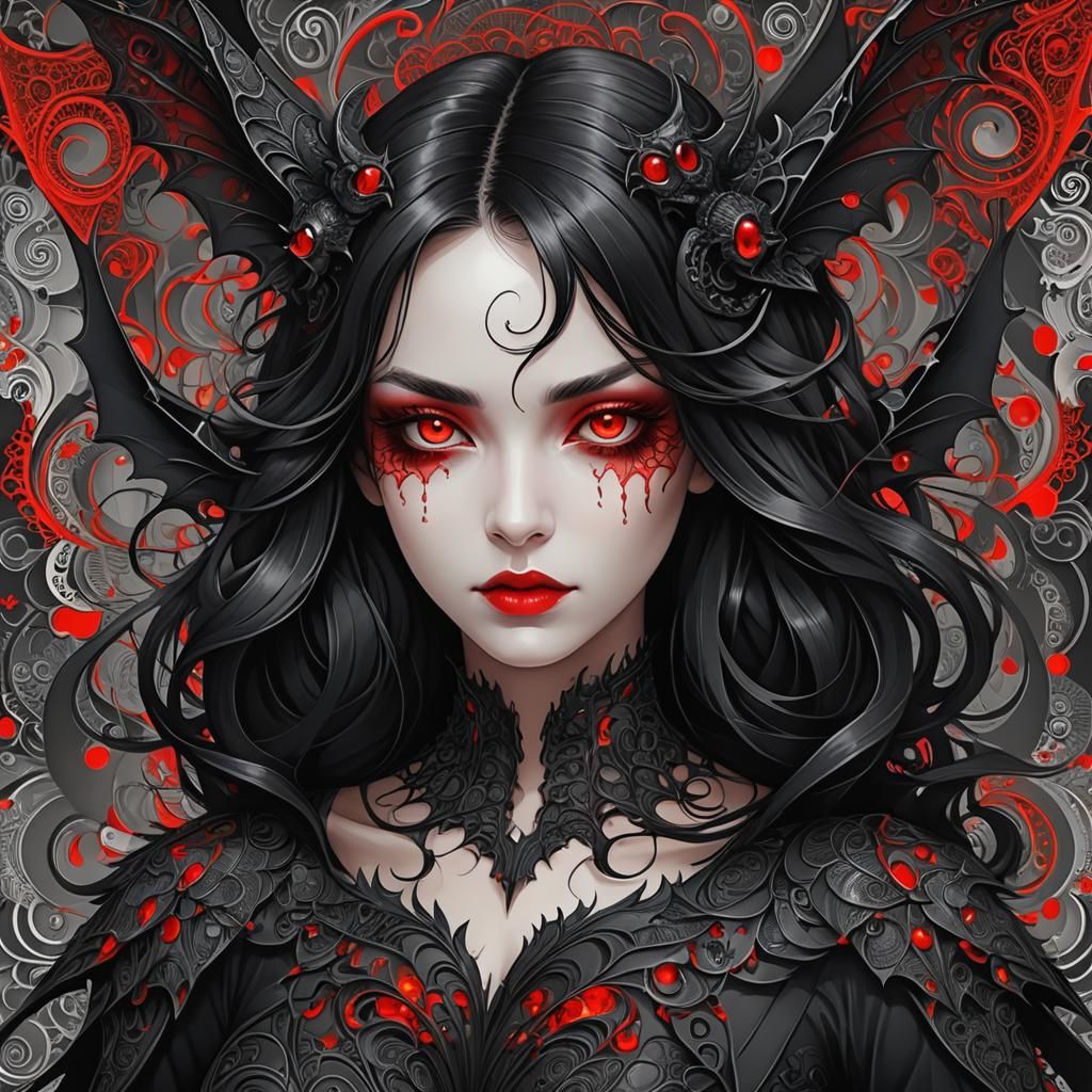 Elegant Girl Devil with Bat Wings and Red Eyes