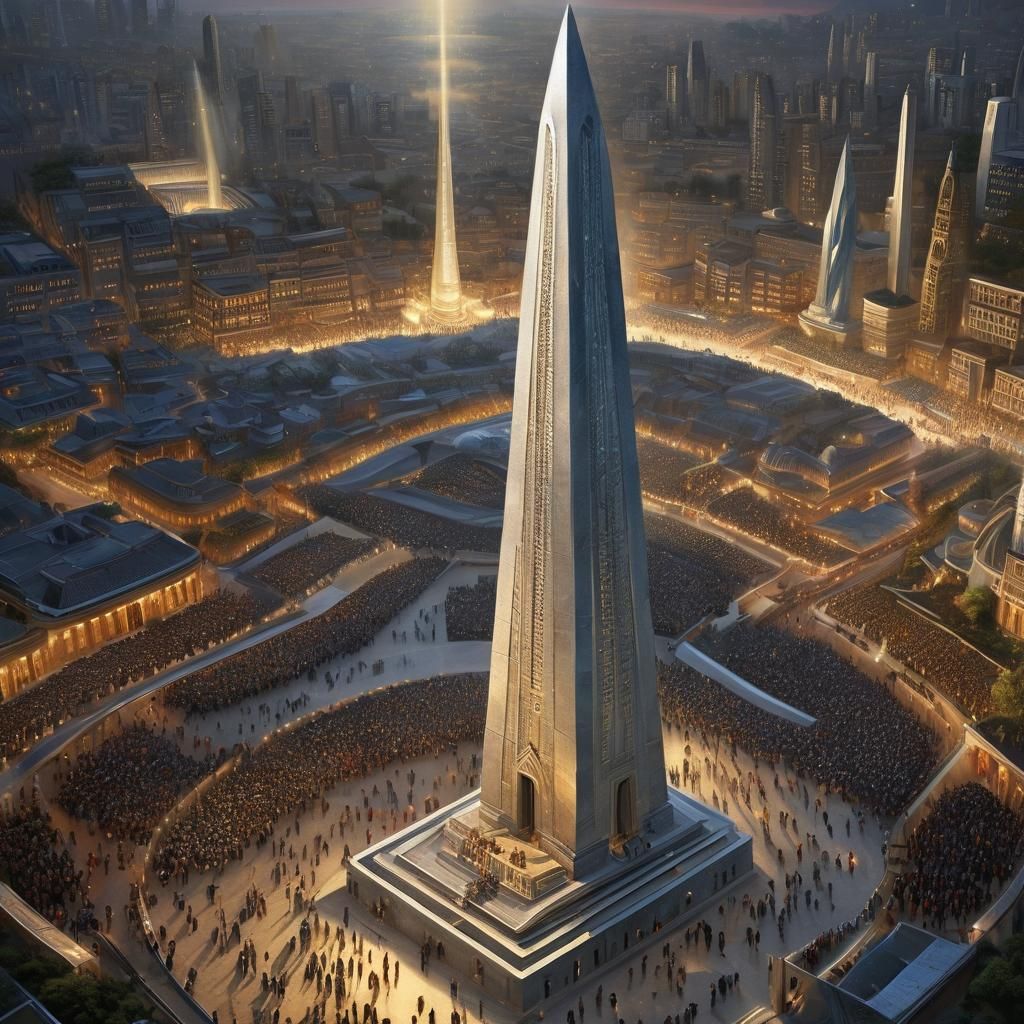 Silver Obelisk Over Worshippers in Magic Realism Style