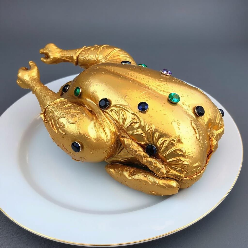 A cooked roast chicken formed out of gold leaf and gemstones...