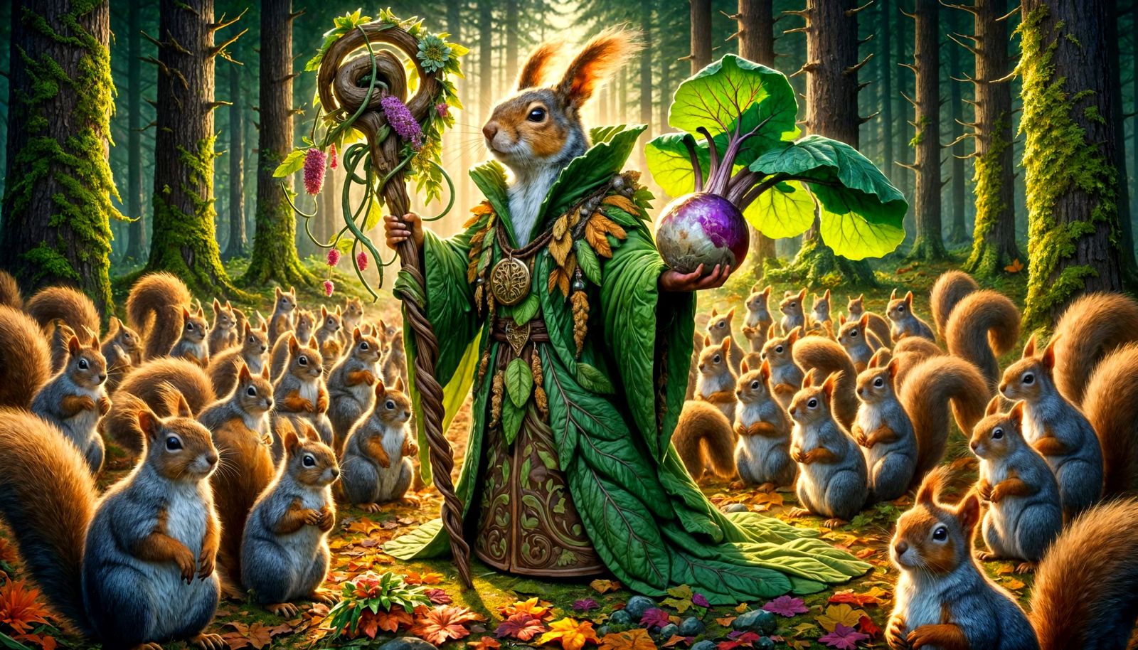 Squirrel Druid Leading an Army in Enchanted Forest