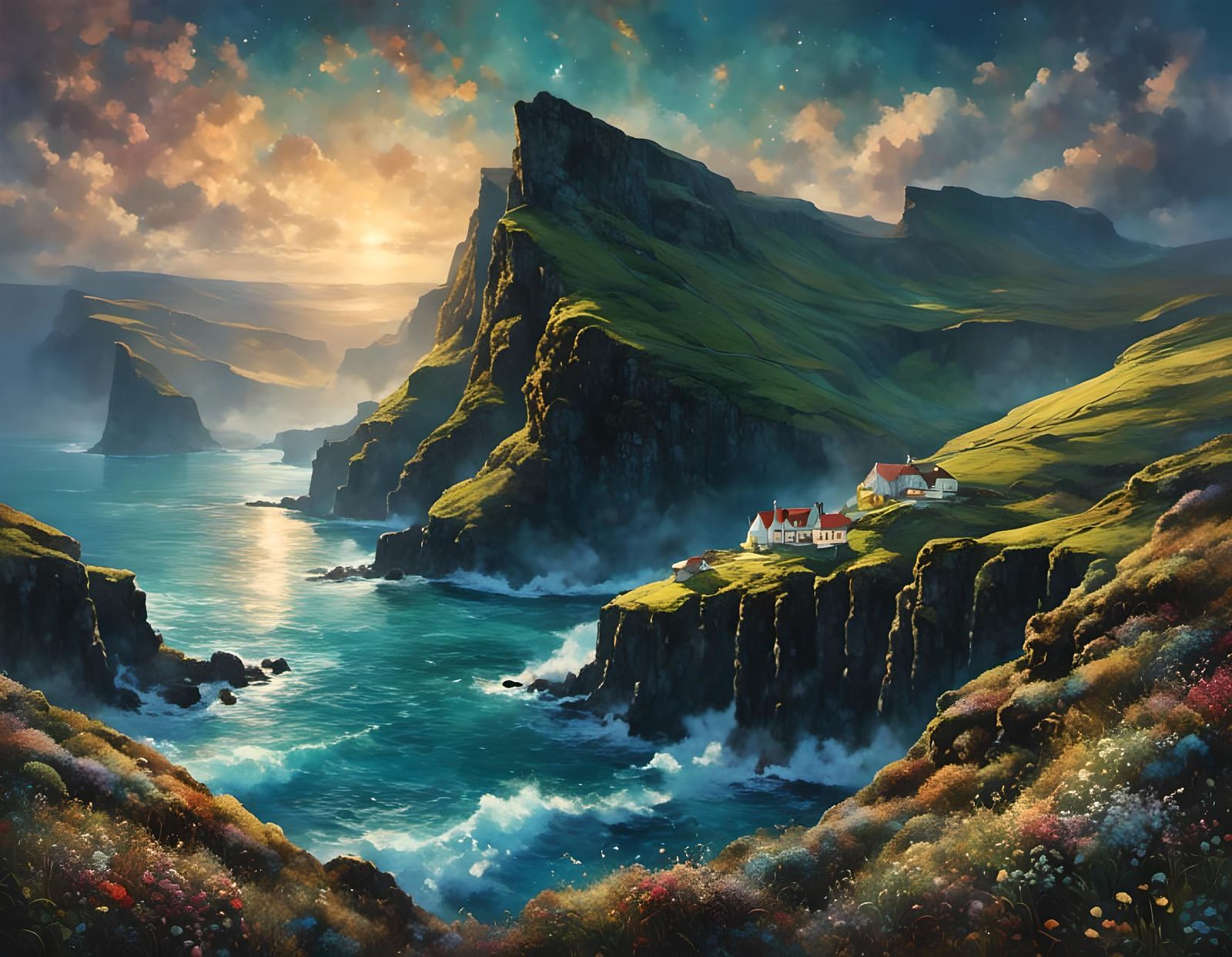 Dreamy Retro Faroe Islands Cliffside at Night