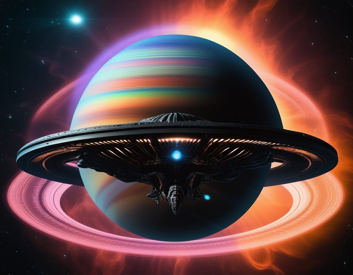 Double exposure: Xenomorph alien ship overlaying a giant gas...