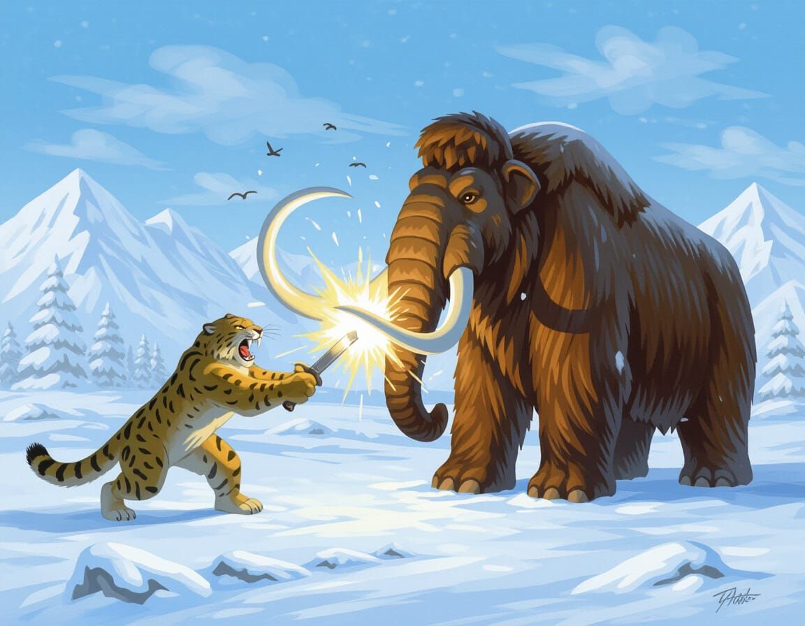 Saber-Toothed Cat vs Woolly Mammoth in Tundra