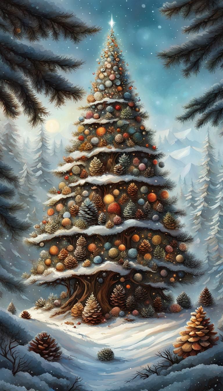 Snow Christmas Tree with Forest Decor, Detailed Fantasy