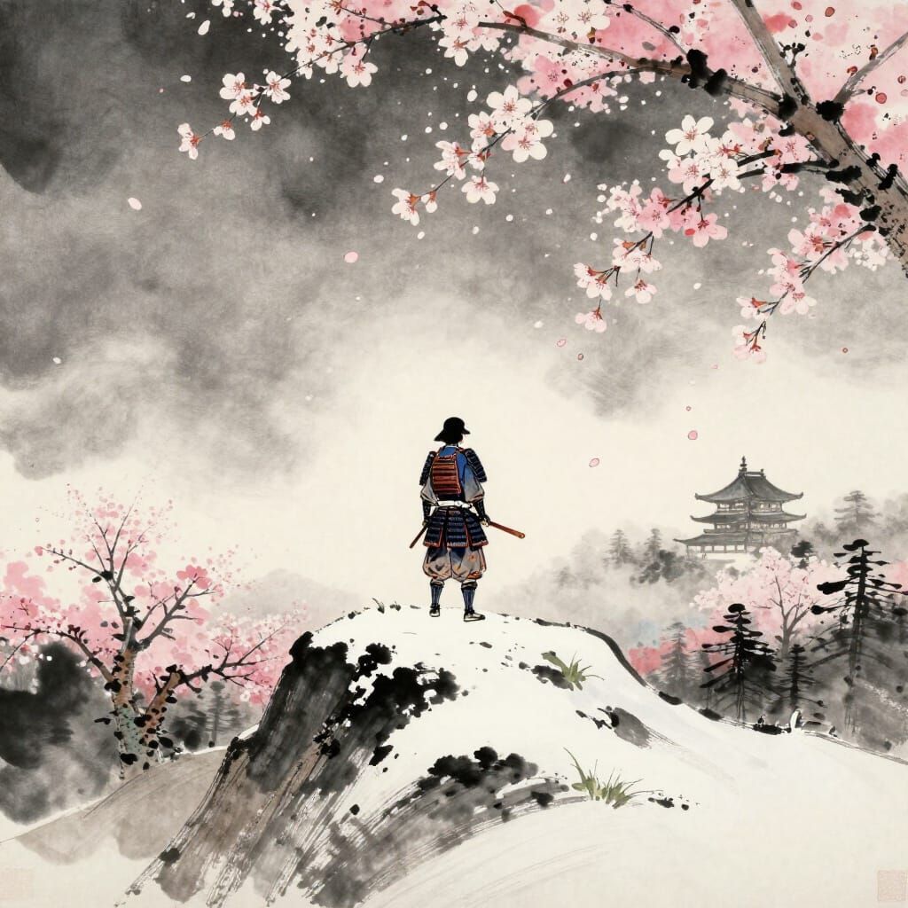 Samurai Warrior on Snowy Peak with Cherry Blossoms