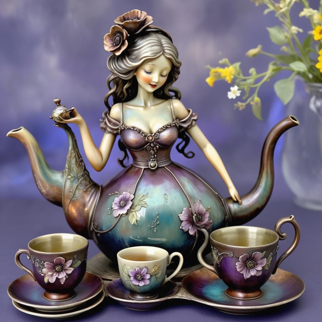 Whimsical Mercury Glass Tea Set with Woman Design
