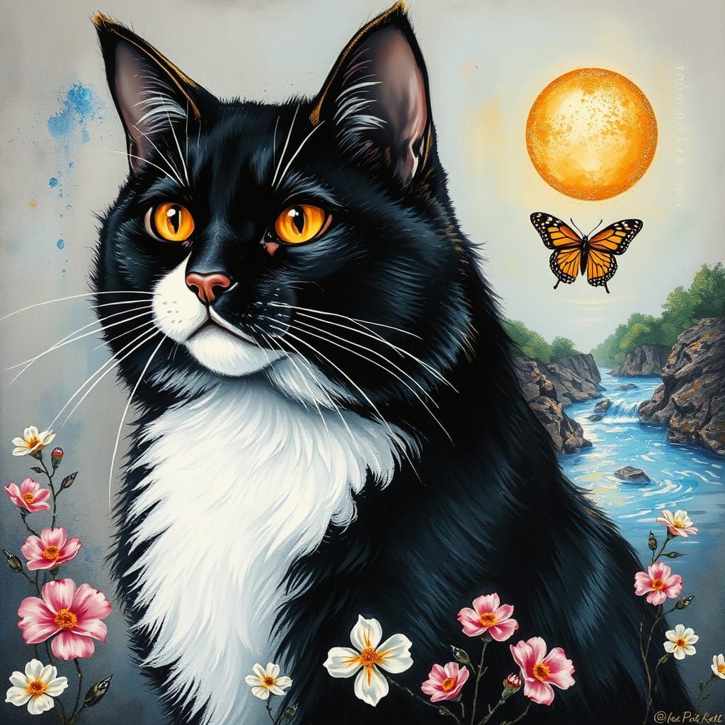 Elegant Tuxedo Cat in Whimsical Garden Scene with Butterfly