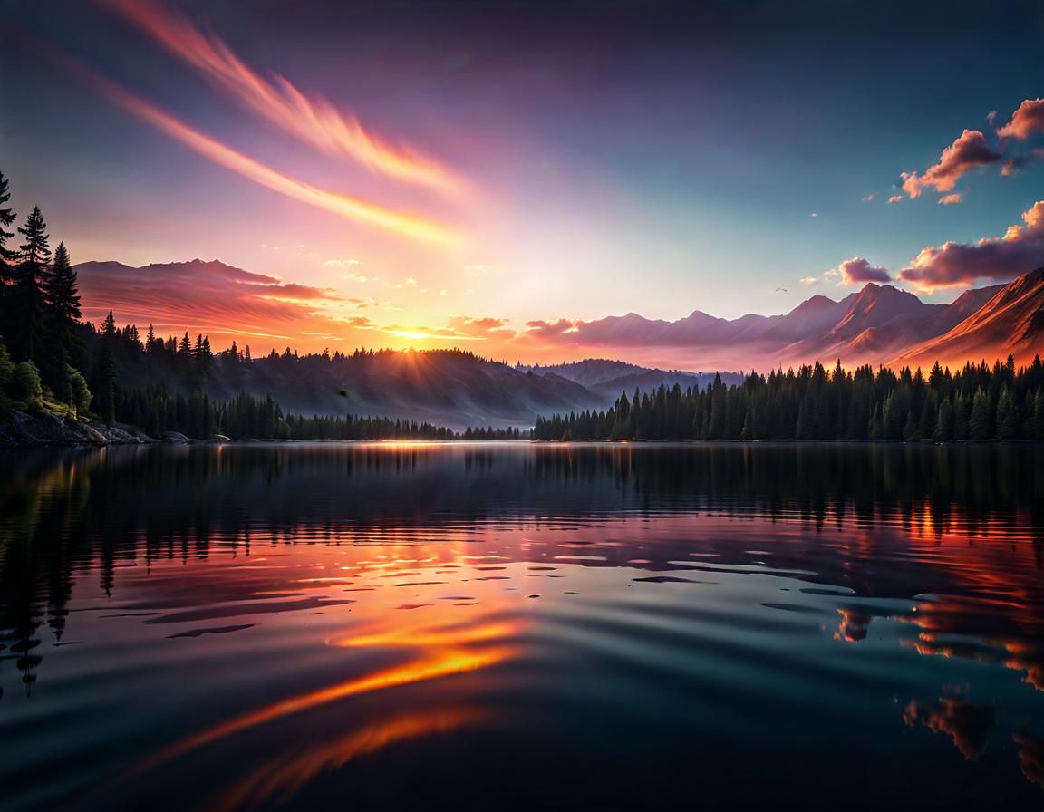 Sunset Over Serene Lake: Fantasy Concept Art