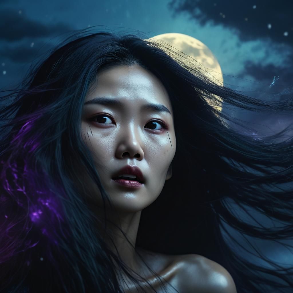 Ethereal Asian Vampire Head in Gothic Digital Art