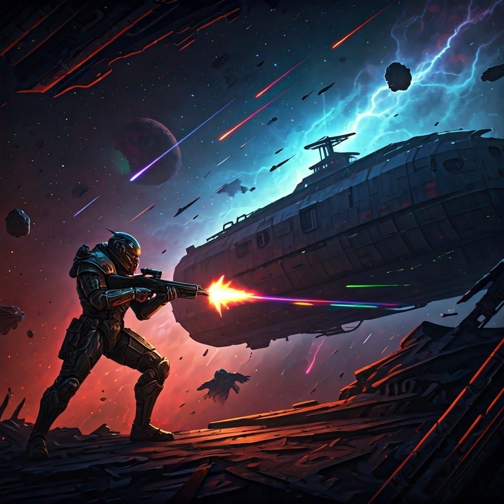 Cyberpunk Warrior Defends Futuristic Ship in Cosmic Storm