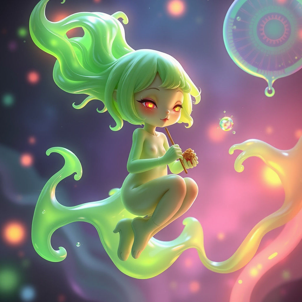 Lime-Green Slime Girl Floats Mid-Air in Dreamlike Ambiance
