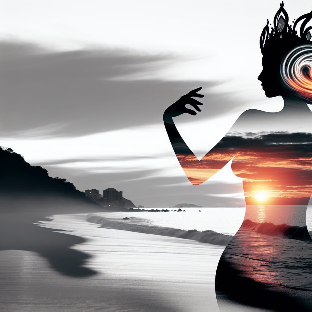 Goddess Silhouette Double Exposure with Sunset Coast