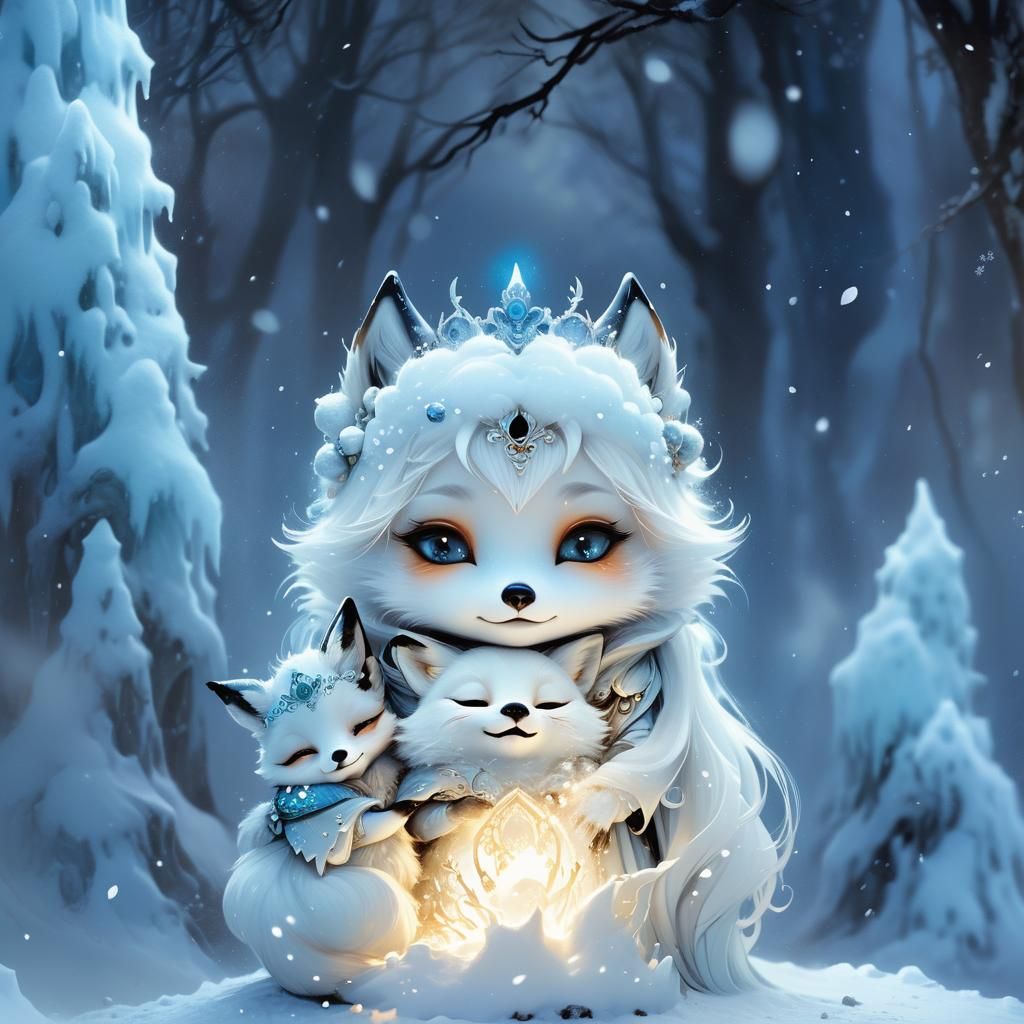 Cuddling 🥰 fox queen and her cubs