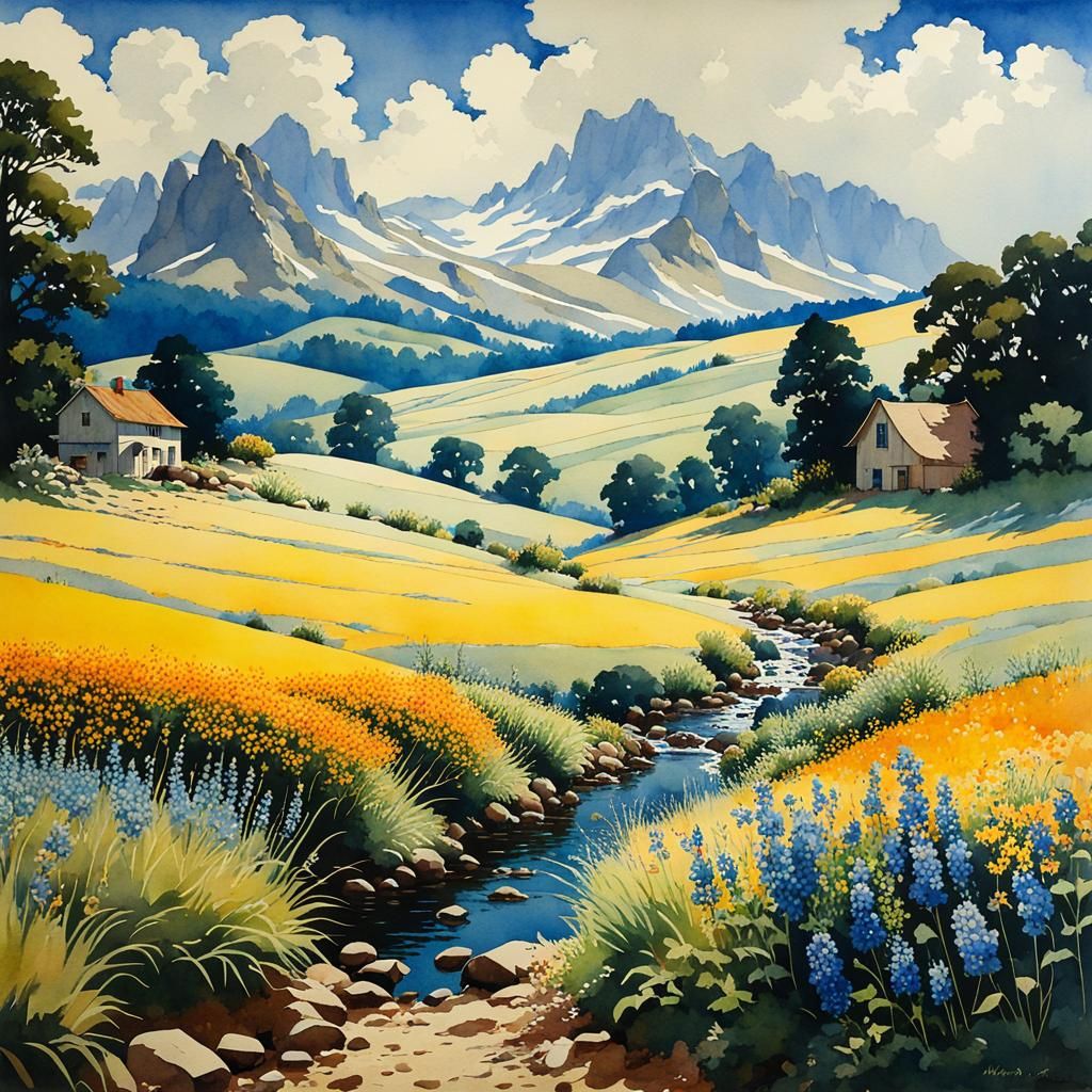 Watercolor Countryside Valley Landscape in Parrish Style