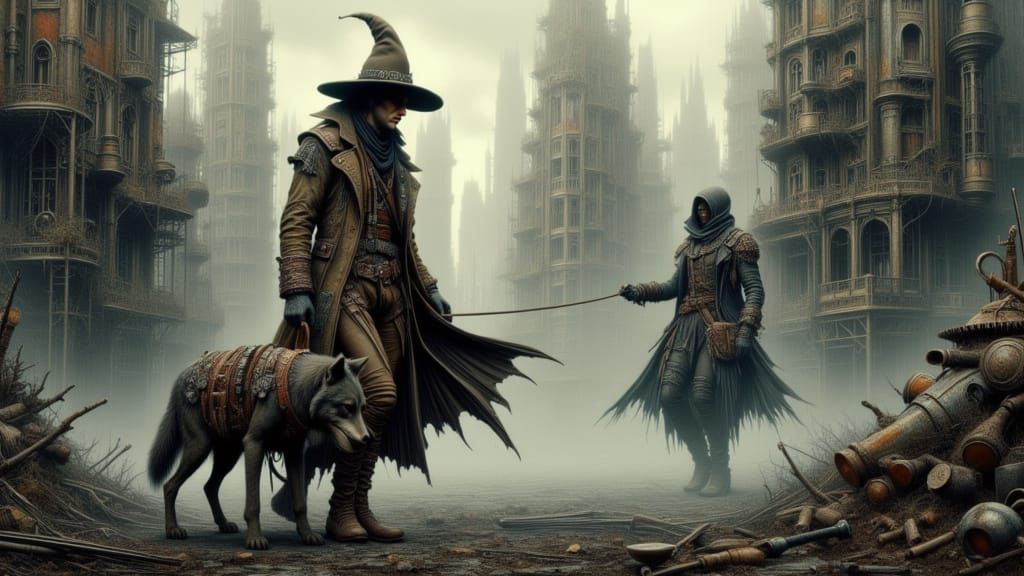 Wanderer Meets Mysterious Figure in Foggy Steampunk City