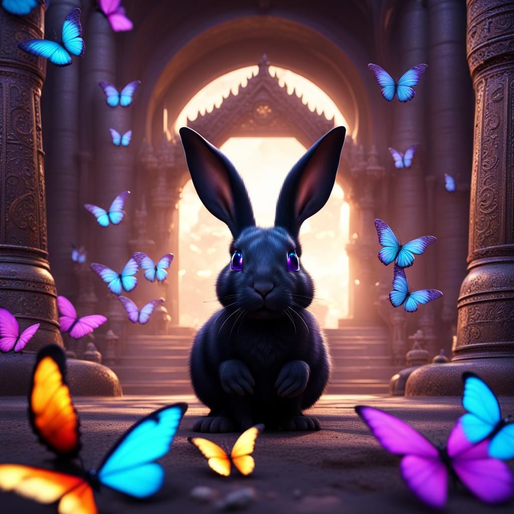 Black Rabbit with Blue Eyes and Butterflies