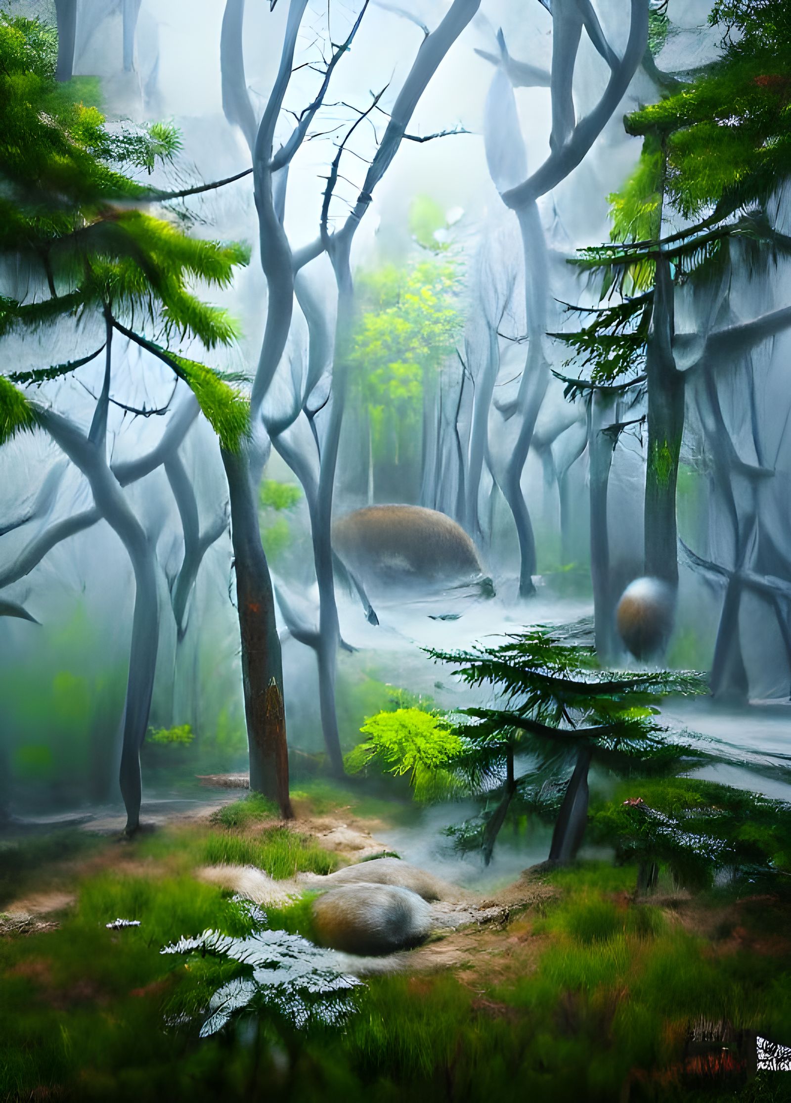 Detailed 8k Resolution Painting of Foggy Forest