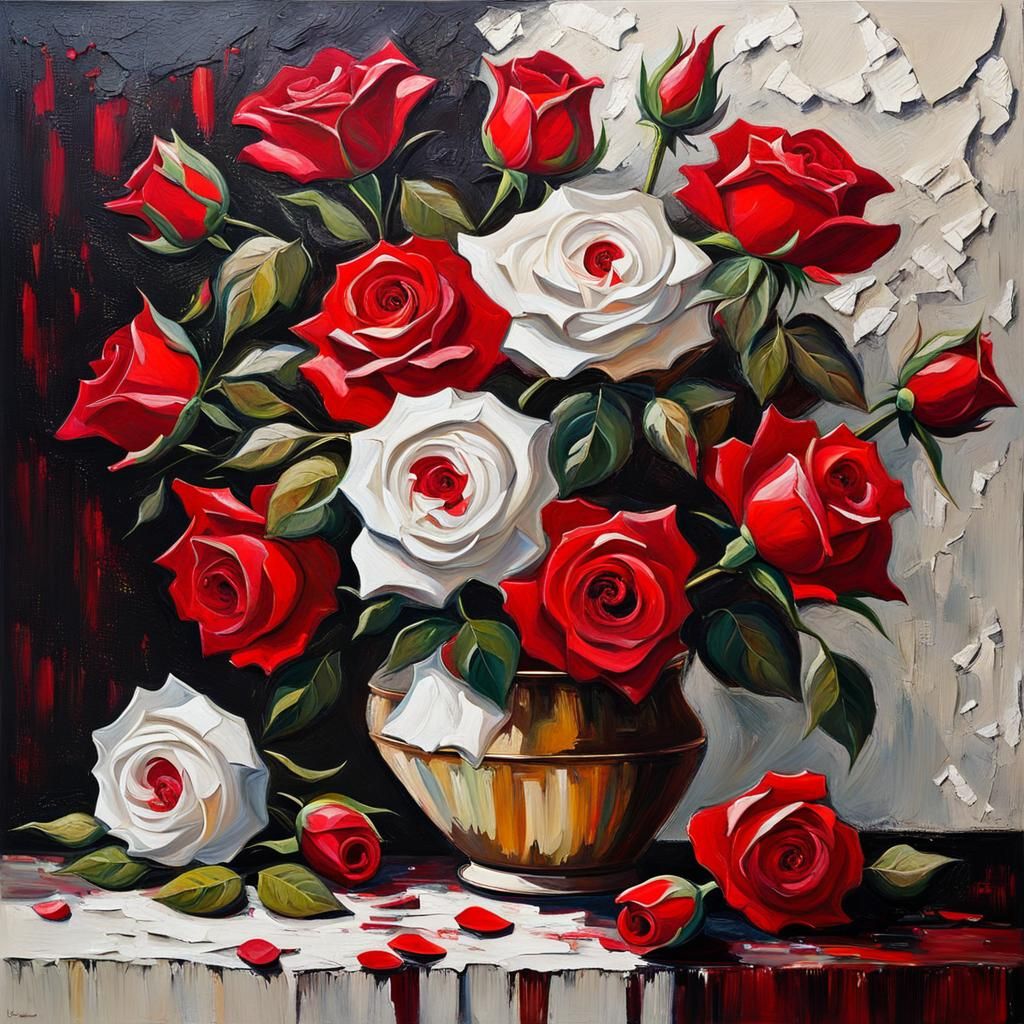 Vibrant Roses in Broken Pot: Acrylic Painting