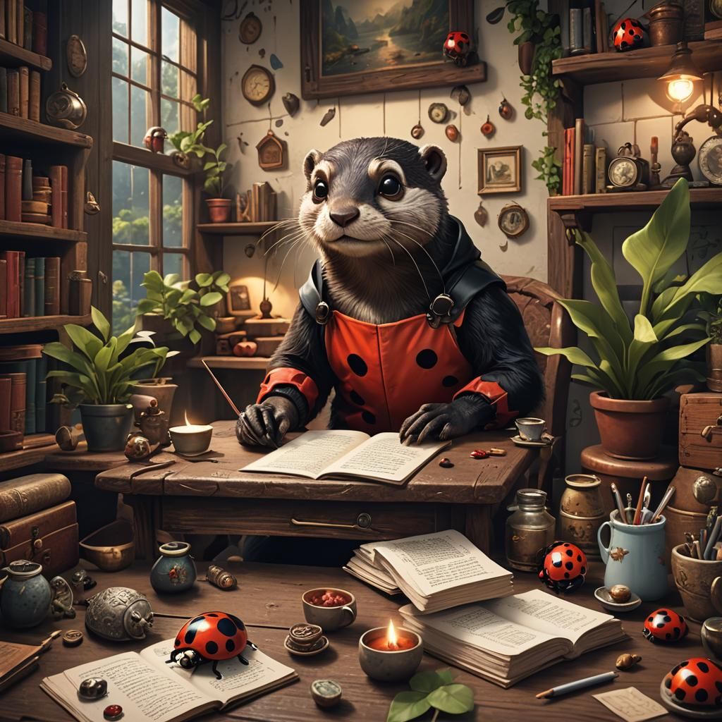 Otter Writing Stories with Ladybug in Cozy Home