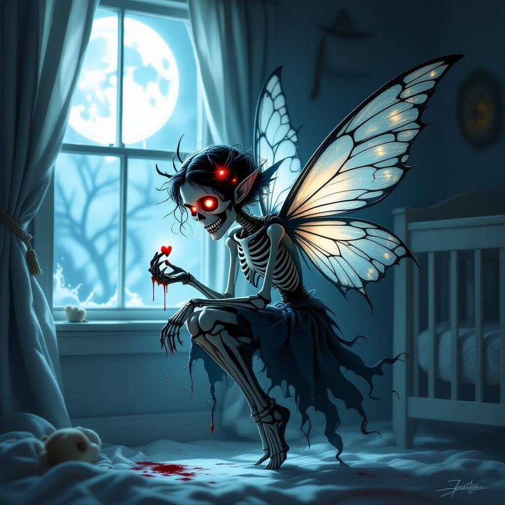 Macabre Tooth Fairy with Skeletal Wings in Dark Fantasy Styl...