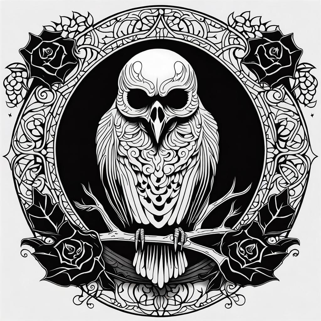 Monochrome Raven and Skull Line Art Tattoo