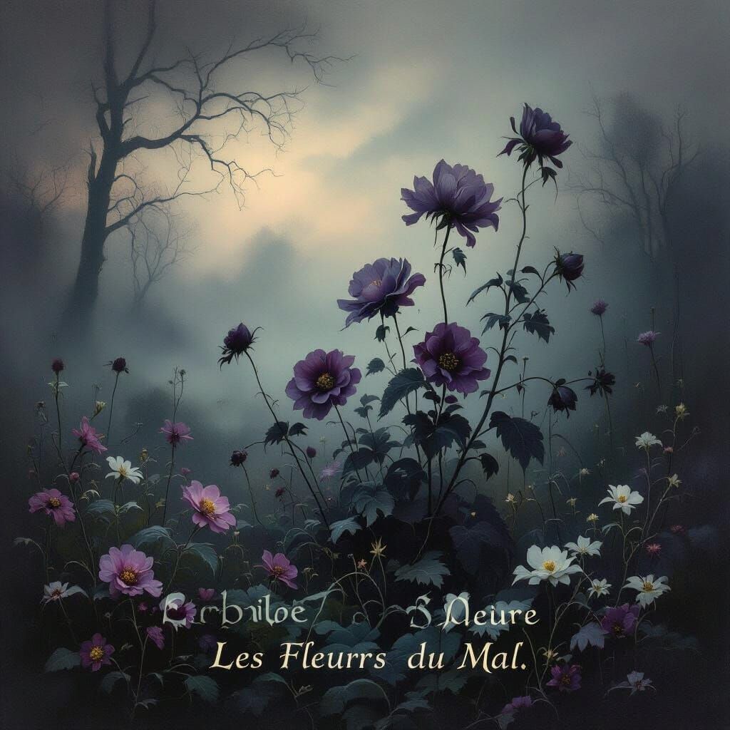 Melancholic Twilight Landscape with Decaying Flowers