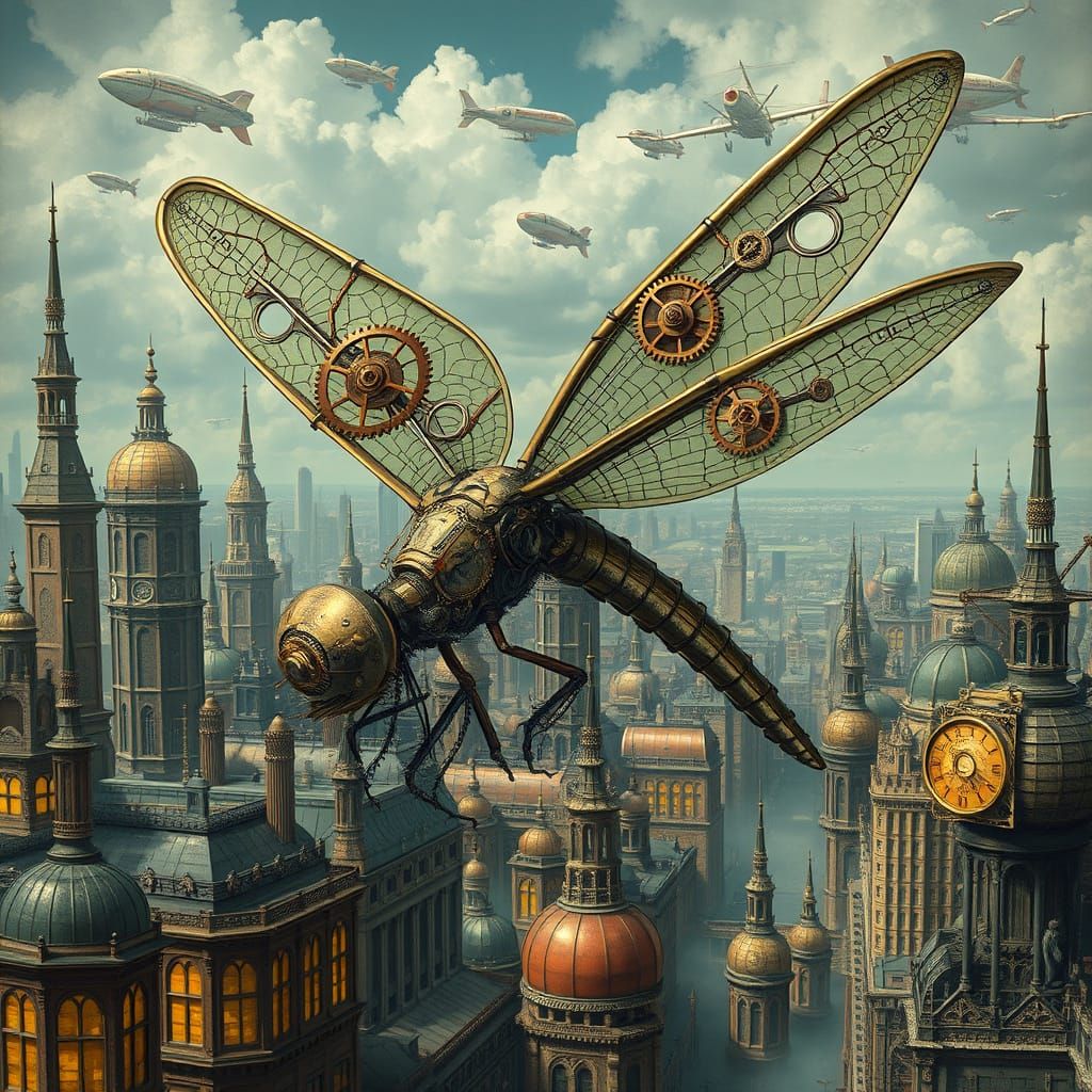 Steampunk Dragonfly Soaring Through Victorian Cityscape
