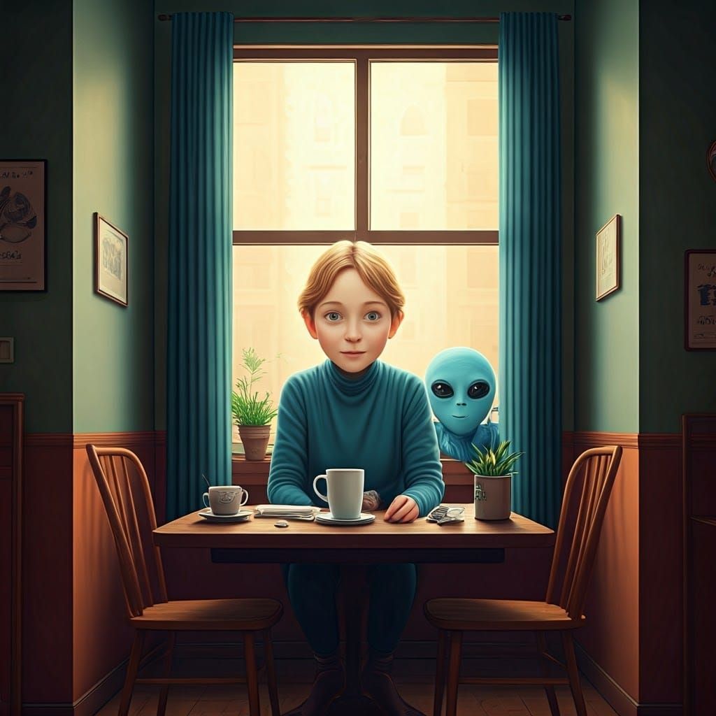 Cheeky Alien Photobomb in Coffee Shop, Burton Style