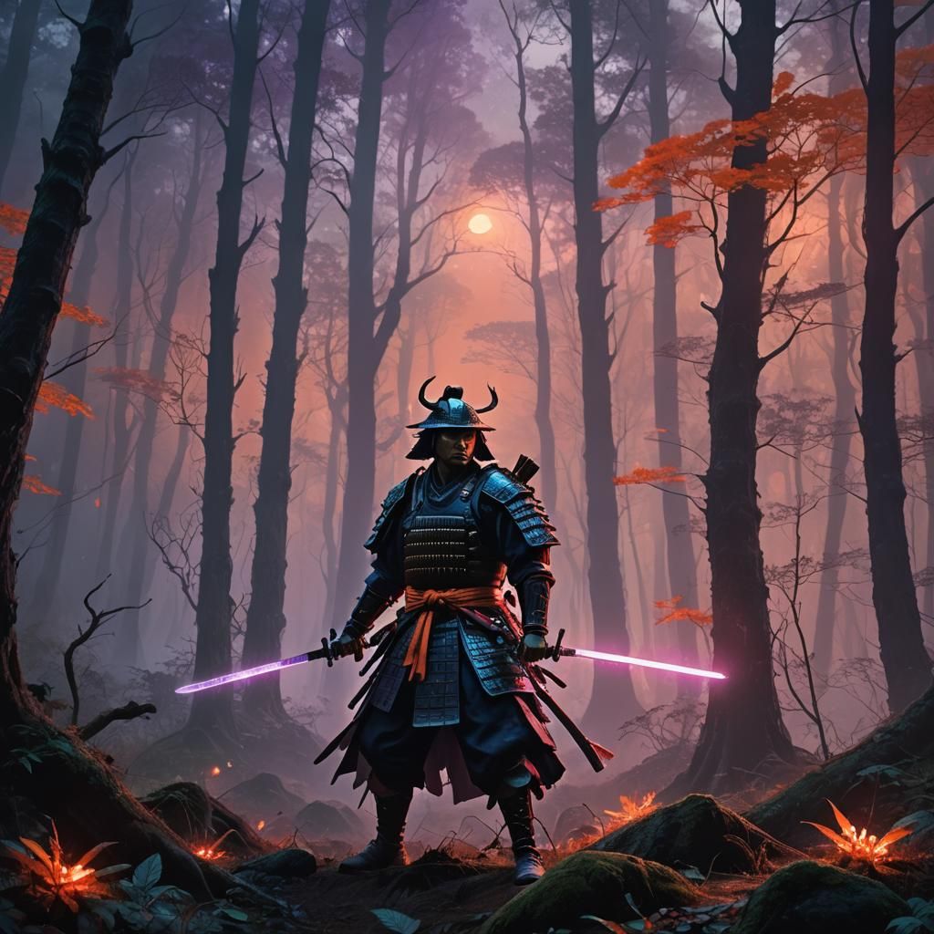 Samurai Warrior in Mystical Forest: Dark Fantasy Oil Paintin...