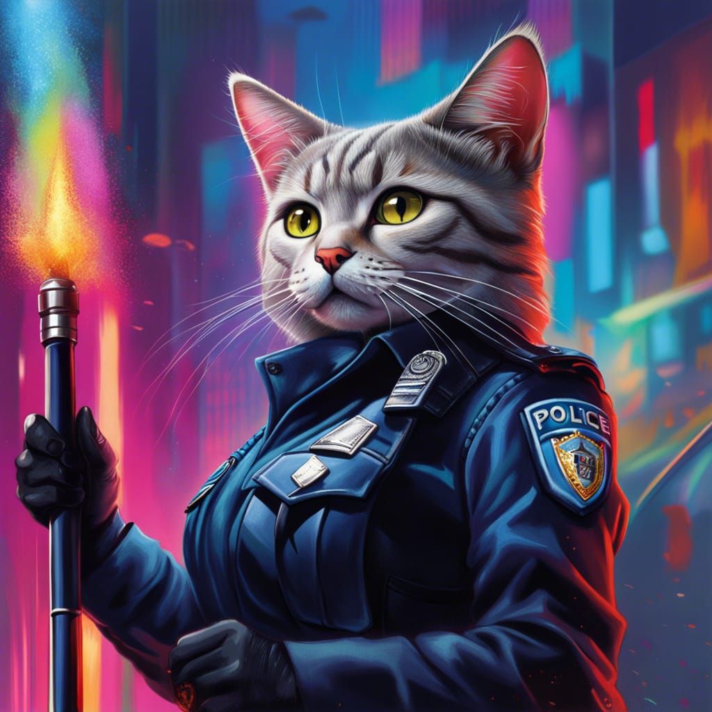 Hyperrealistic Cat Policewoman with Baton