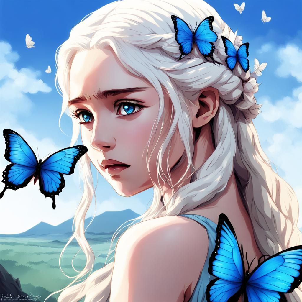 Daenerys Surrounded by Blue Butterflies in Anime Style