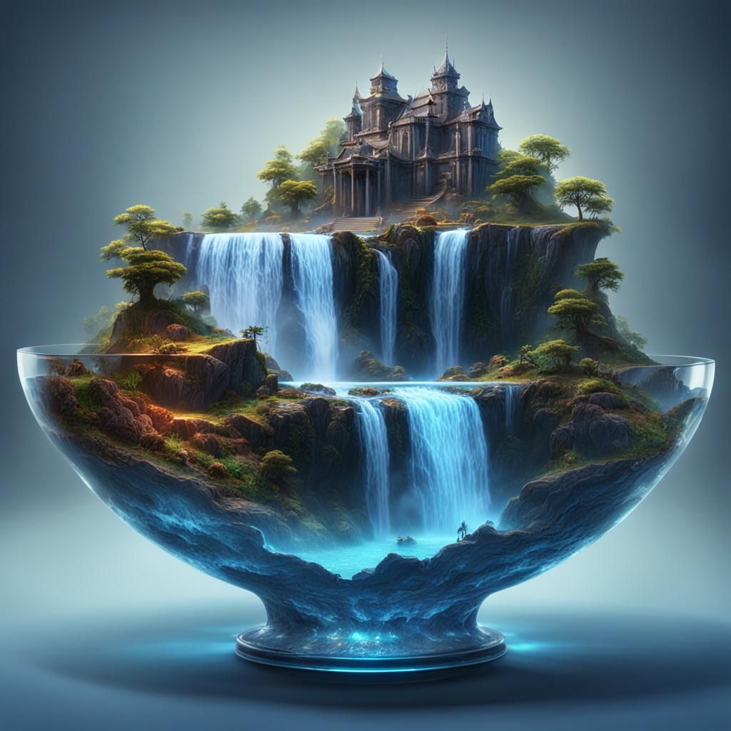 Waterfall in Glass Bowl: Detailed Matte Painting