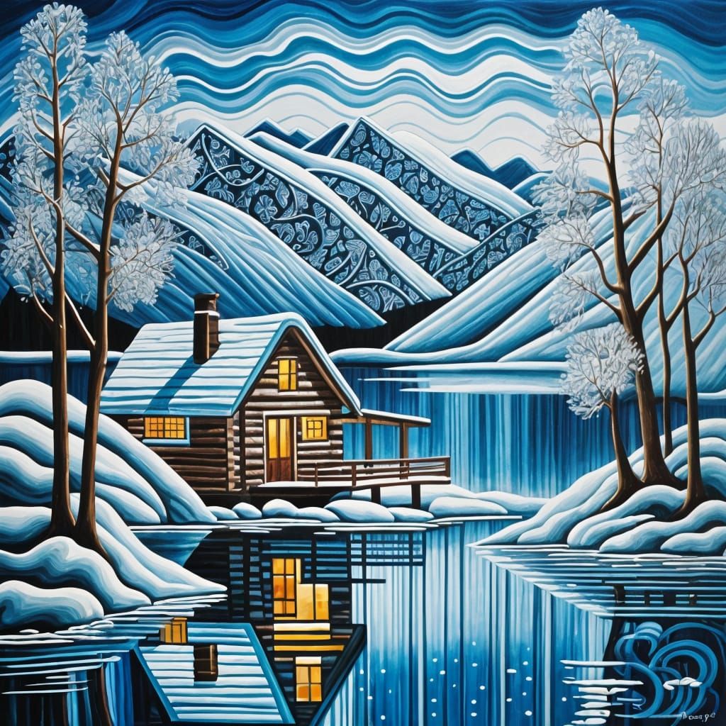 Abstract Winter Cabin by Icy Blue Lake