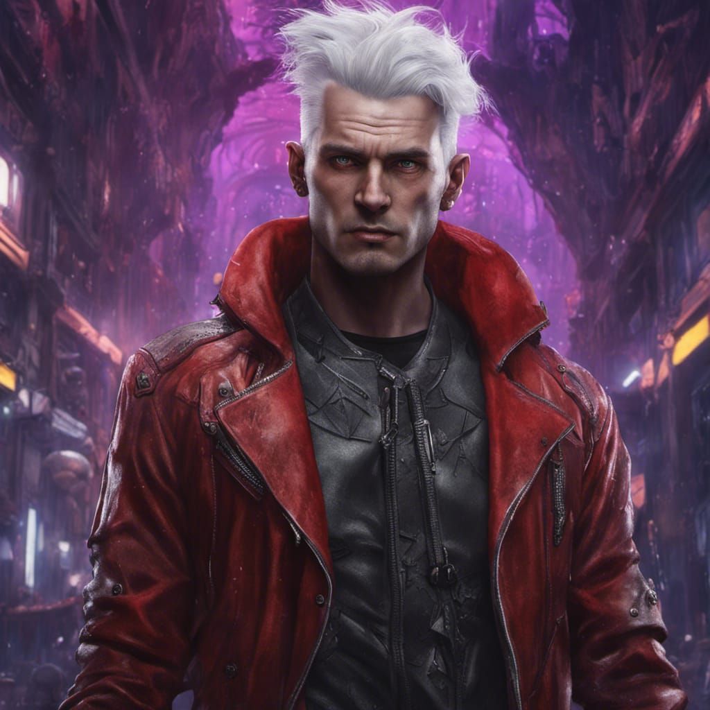 Cyberpunk Male with Red Leather Coat and Tattoos
