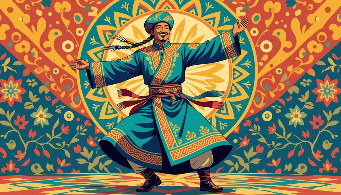 Kazakh Dancer in Traditional Clothing Illustration