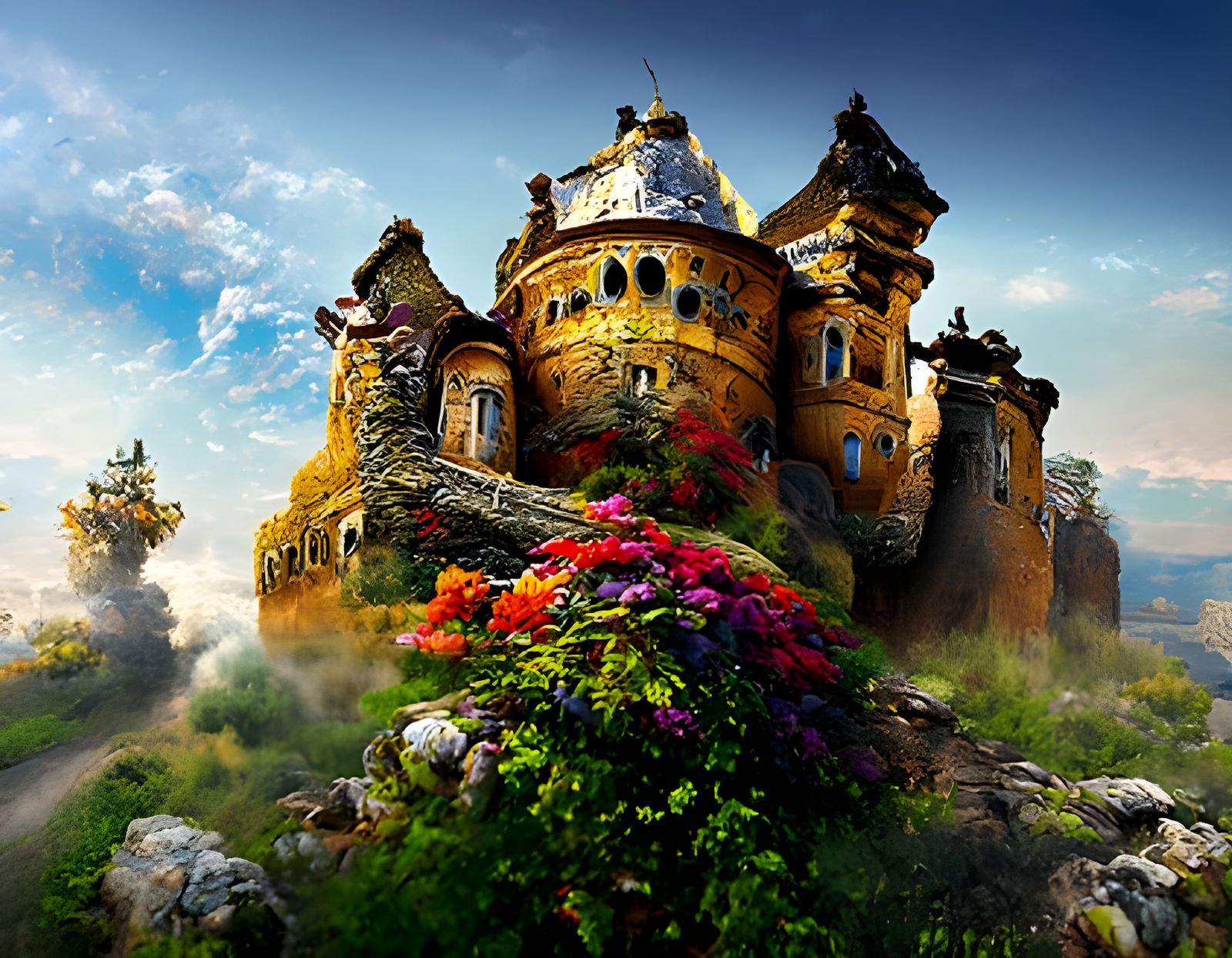 Majestic Castle in Colorful Heathland, Hyperrealistic Art