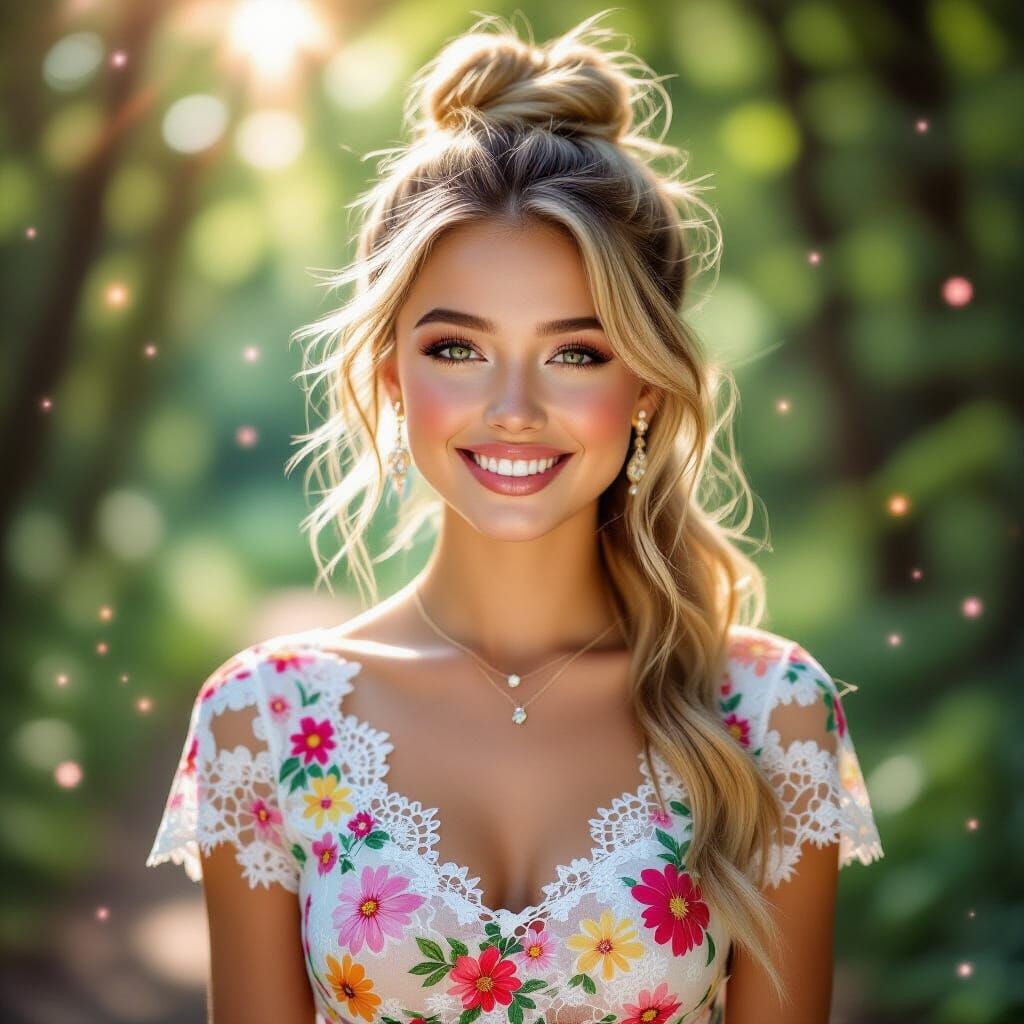 Joyful Blonde Woman in Floral Top Amidst Sunlit Woods