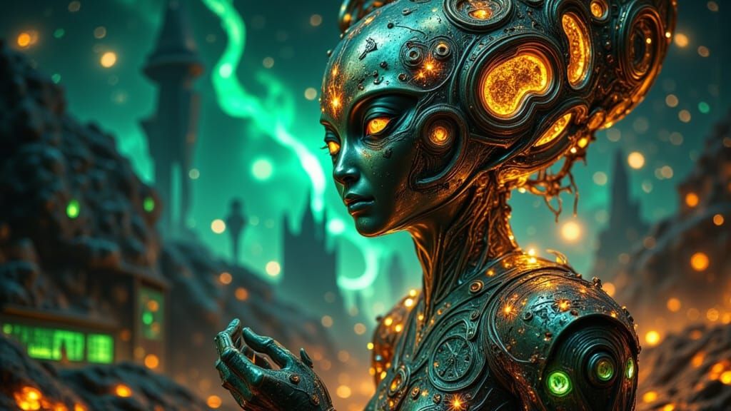 Funky Alien Portrait on Alien Planet in Metallic Gold