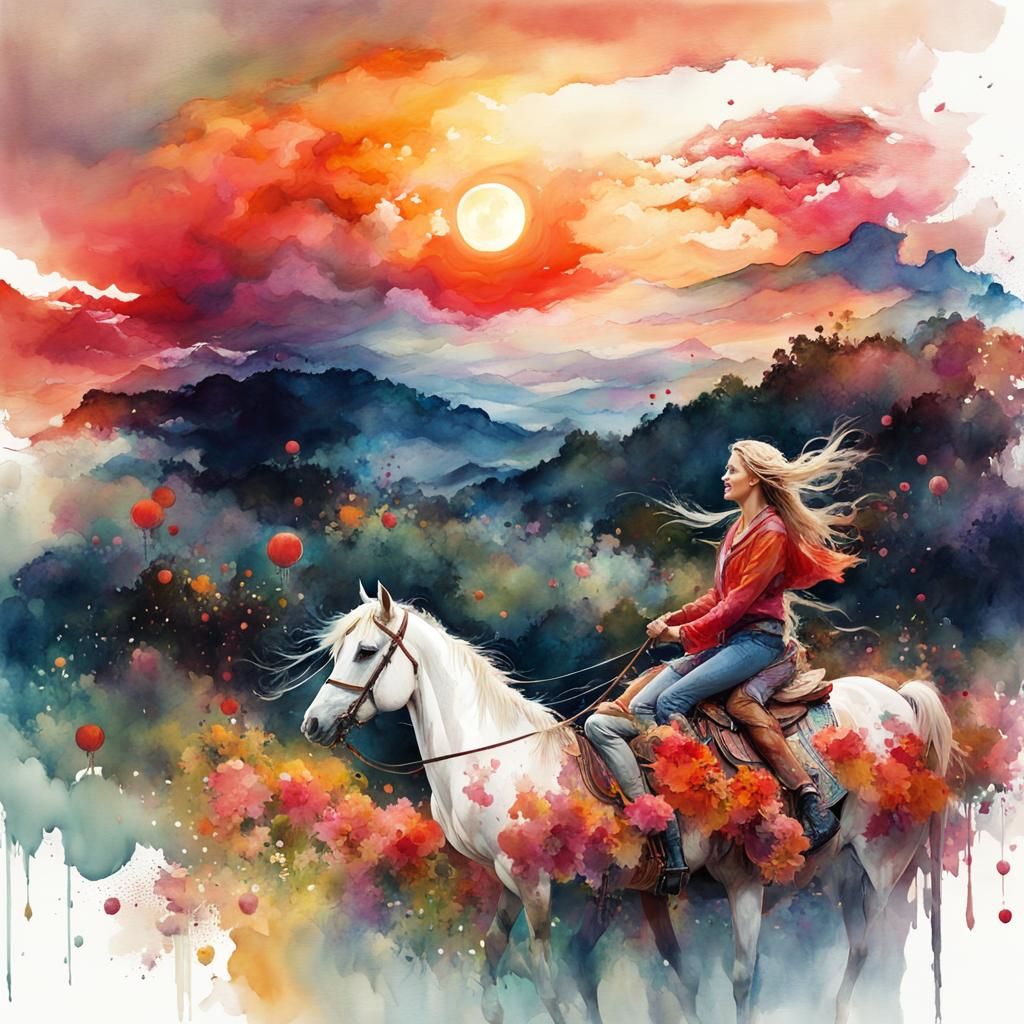 Summerscape Sunset Digital Watercolor Illustration