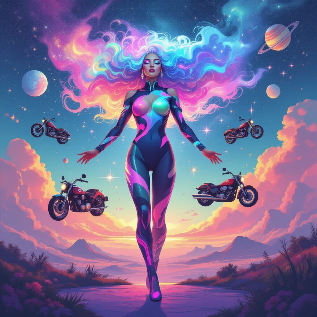 Cosmic Goddess with Nebula Hair in 80s Style